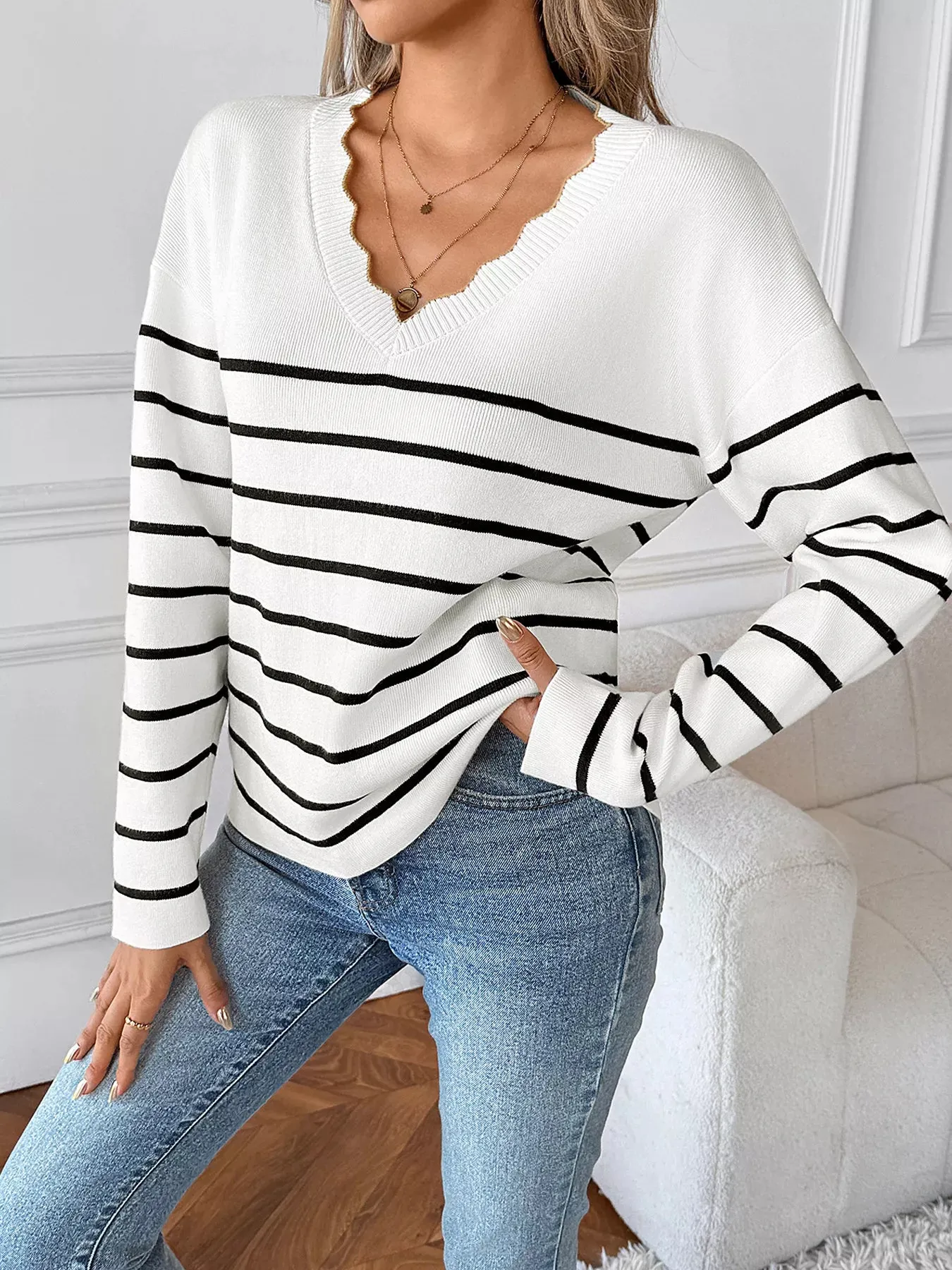 Striped V-Neck Long Sleeve Sweater sold by Charming Charlie product image thumbnail 2
