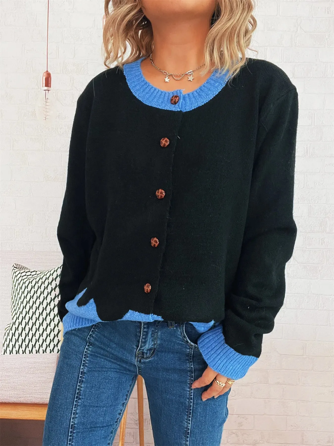 Button-Front Contrast Trim Cardigan sold by Charming Charlie