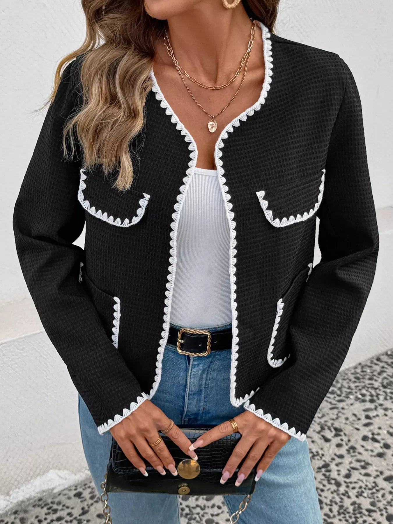 Contrast Trim Open Front Jacket sold by Charming Charlie product image thumbnail 5