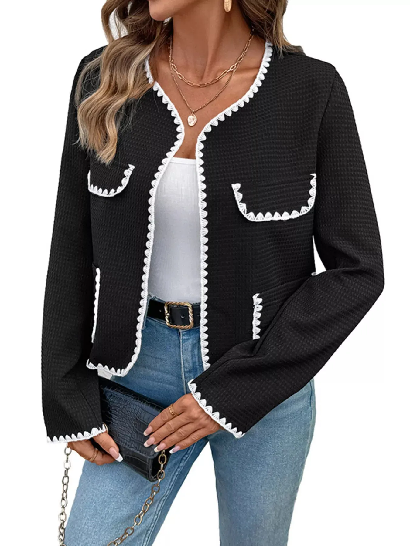 Contrast Trim Open Front Jacket sold by Charming Charlie product image thumbnail 4