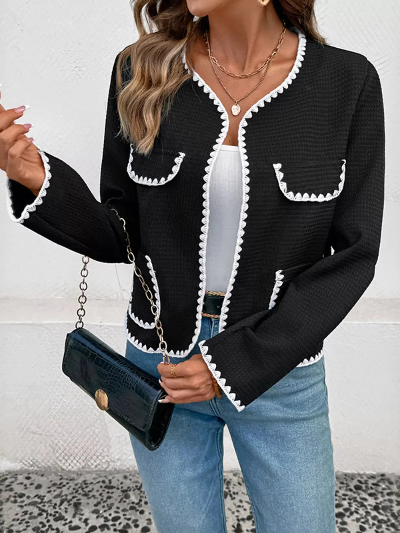 Contrast Trim Open Front Jacket sold by Charming Charlie