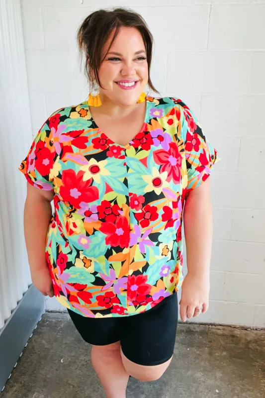 Multicolor Tropical Floral V Neck Drop Shoulder Top sold by Charming Charlie