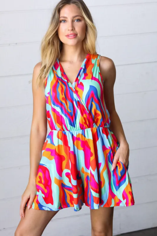 Vibrant Multicolor Abstract Sleeveless Surplice Romper sold by Charming Charlie