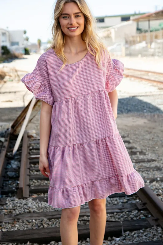 Red Ruffle Tiered Gingham Cotton Pocketed Dress sold by Charming Charlie