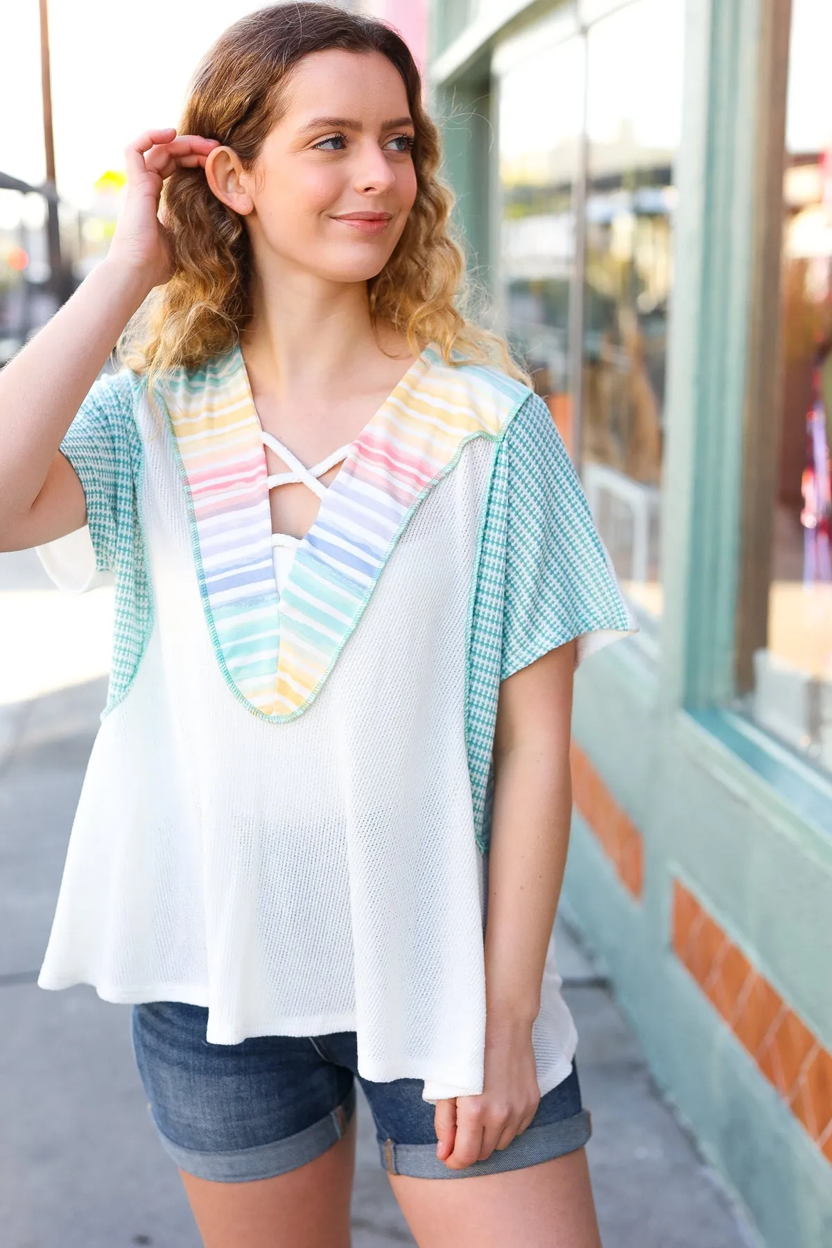 Cream Multi Stripe Lace Up Neck Color Block Top sold by Charming Charlie product image thumbnail 4