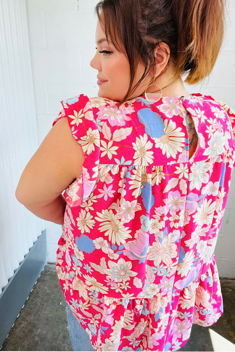 Fuchsia Floral Yoke Flutter Sleeve Back Neck Button Top sold by Charming Charlie product image thumbnail 4