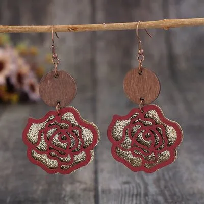 Wooden Alloy Rose Shape Dangle Earrings sold by Charming Charlie
