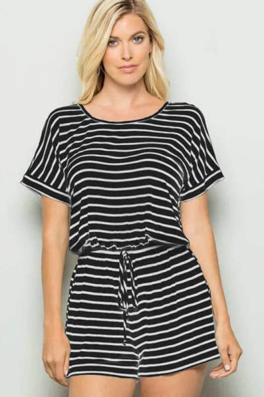 Heimish Full Size Striped Round Neck Short Sleeve Romper sold by Charming Charlie