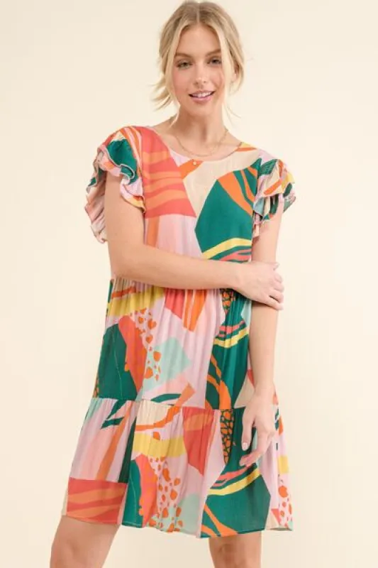 And The Why Printed Double Ruffle Sleeve Dress sold by Charming Charlie