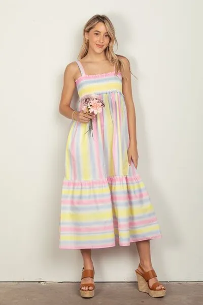 VERY J Striped Woven Smocked Midi Cami Dress sold by Charming Charlie