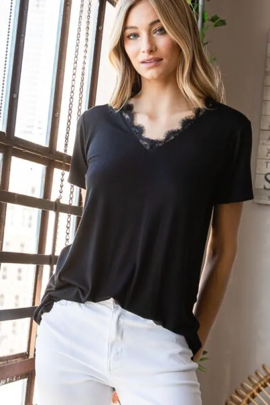Heimish Lace Detail V-Neck Short Sleeve T-Shirt sold by Charming Charlie