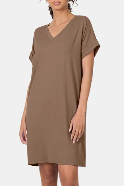 Zenana Rolled Short Sleeve V-Neck Dress sold by Charming Charlie product image thumbnail 3
