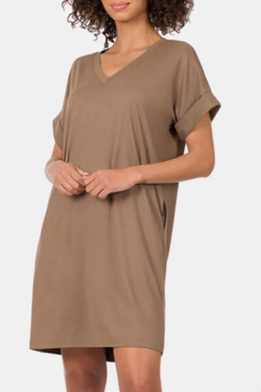Zenana Rolled Short Sleeve V-Neck Dress sold by Charming Charlie