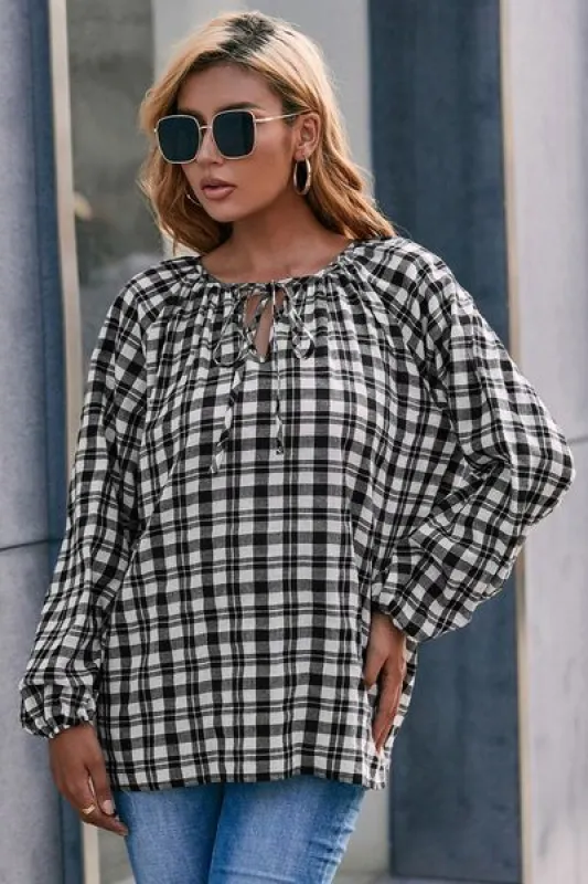 Plaid Tie Neck Balloon Sleeve Blouse sold by Charming Charlie