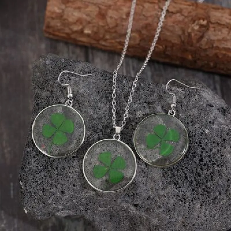 Lucky Clover Alloy Acrylic Earrings and Necklace Jewelry Set sold by Charming Charlie
