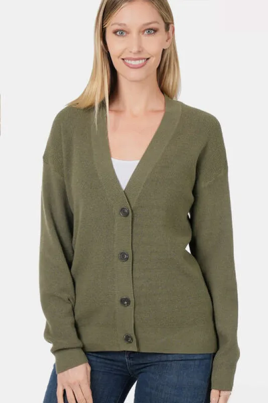 Zenana Button Up V-Neck Dropped Shoulder Cardigan sold by Charming Charlie
