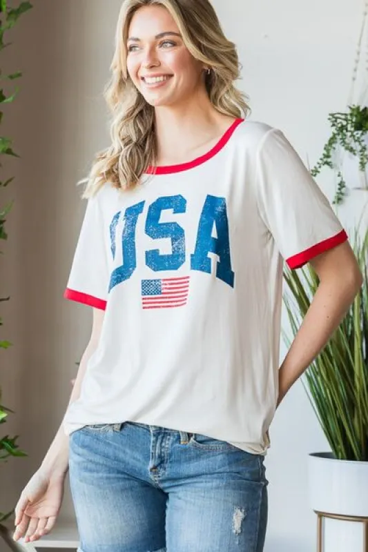 Heimish Full Size USA Contrast Trim Short Sleeve T-Shirt sold by Charming Charlie