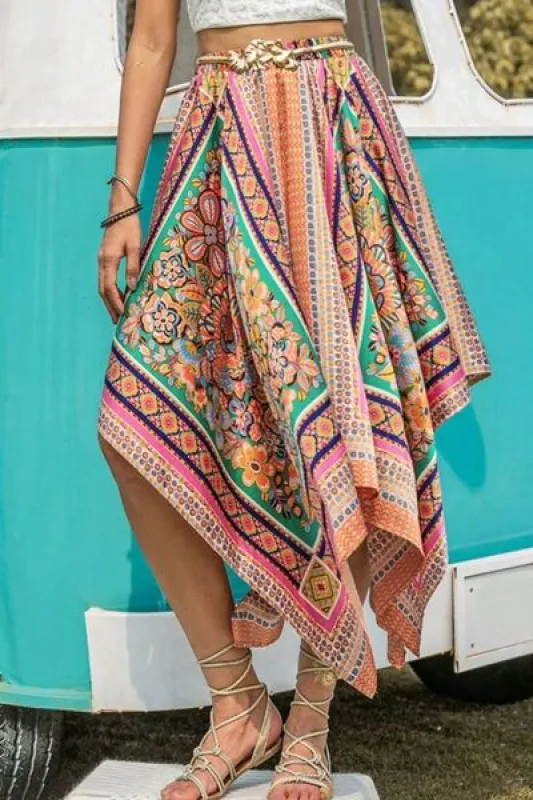 Printed High Waist Handkerchief Hem Skirt sold by Charming Charlie