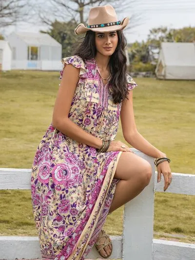 Ruffled Printed Tie Neck Cap Sleeve Dress sold by Charming Charlie product image thumbnail 4