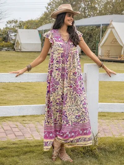 Ruffled Printed Tie Neck Cap Sleeve Dress sold by Charming Charlie