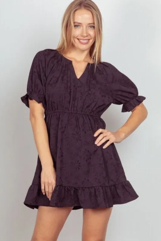VERY J Floral Textured Woven Ruffled Mini Dress sold by Charming Charlie