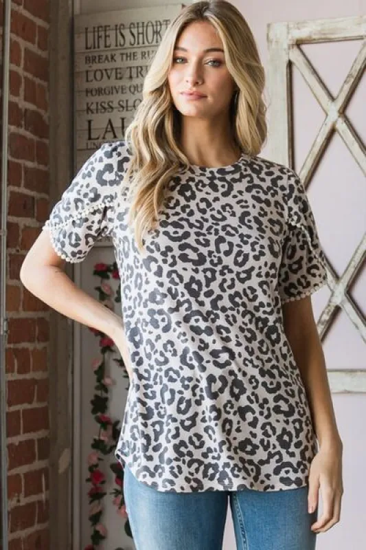 Heimish Leopard Round Neck Petal Sleeve T-Shirt sold by Charming Charlie