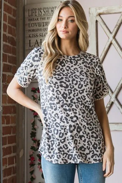 Heimish Leopard Round Neck Petal Sleeve T-Shirt sold by Charming Charlie