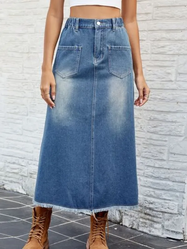 Raw Hem Buttoned Denim Skirt with Pockets sold by Charming Charlie