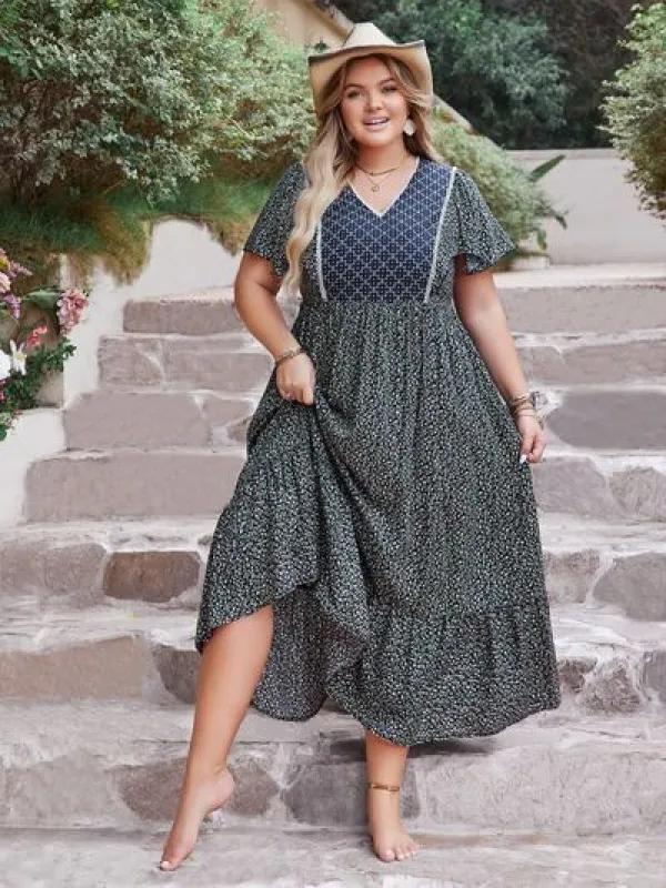 Plus Size Printed V-Neck Flutter Sleeve Midi Dress made by Trendsi