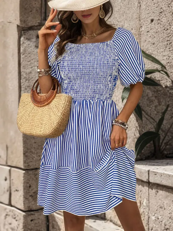 Smocked Striped Balloon Sleeve Mini Dress sold by Charming Charlie