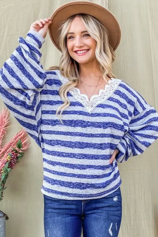 And The Why Striped Lace Detail V Neck Top sold by Charming Charlie