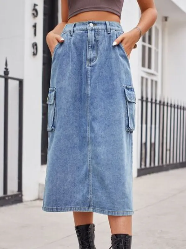 Slit Buttoned Denim Skirt with Pockets sold by Charming Charlie