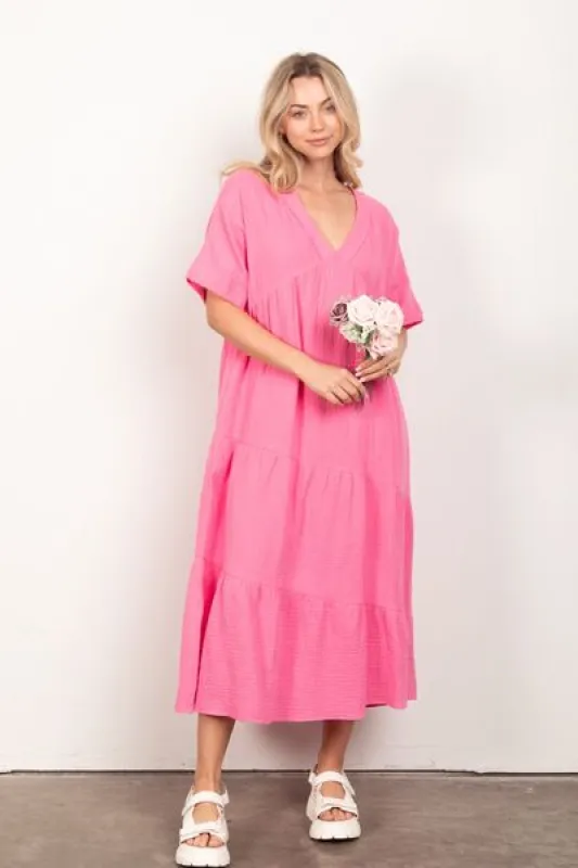 VERY J Soft Crinkle Gauze Short Sleeve Midi Dress sold by Charming Charlie