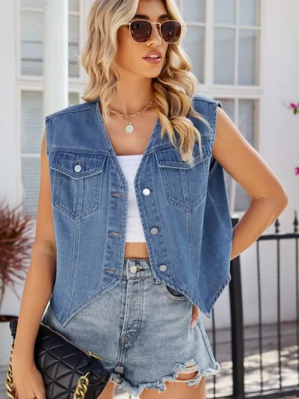 Pocketed Button Up Sleeveless Denim Jacket sold by Charming Charlie