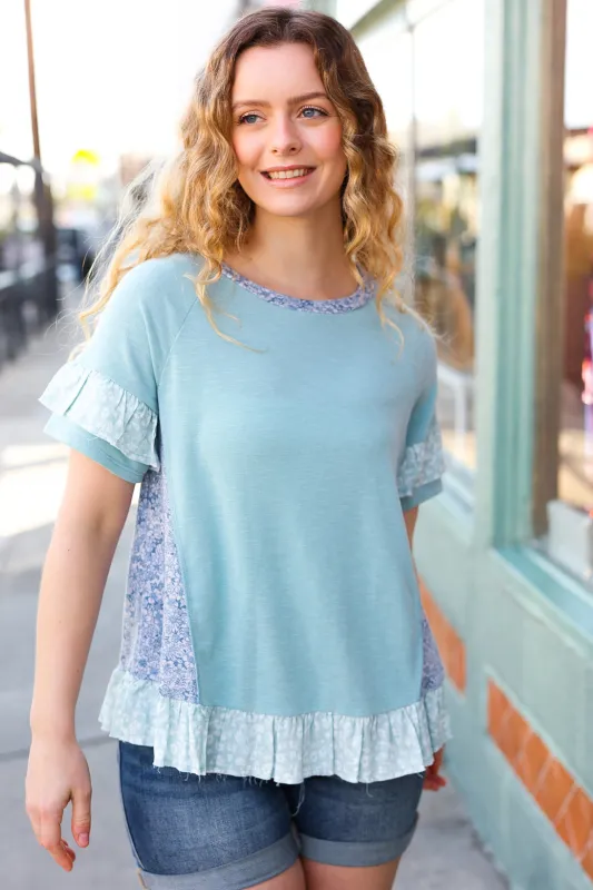Seafoam Floral & Leopard Print Ruffle Hem Top sold by Charming Charlie