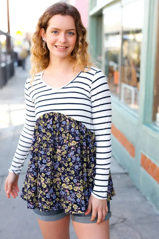 Cream & Navy Floral Stripe V Neck Colorblock Top sold by Charming Charlie