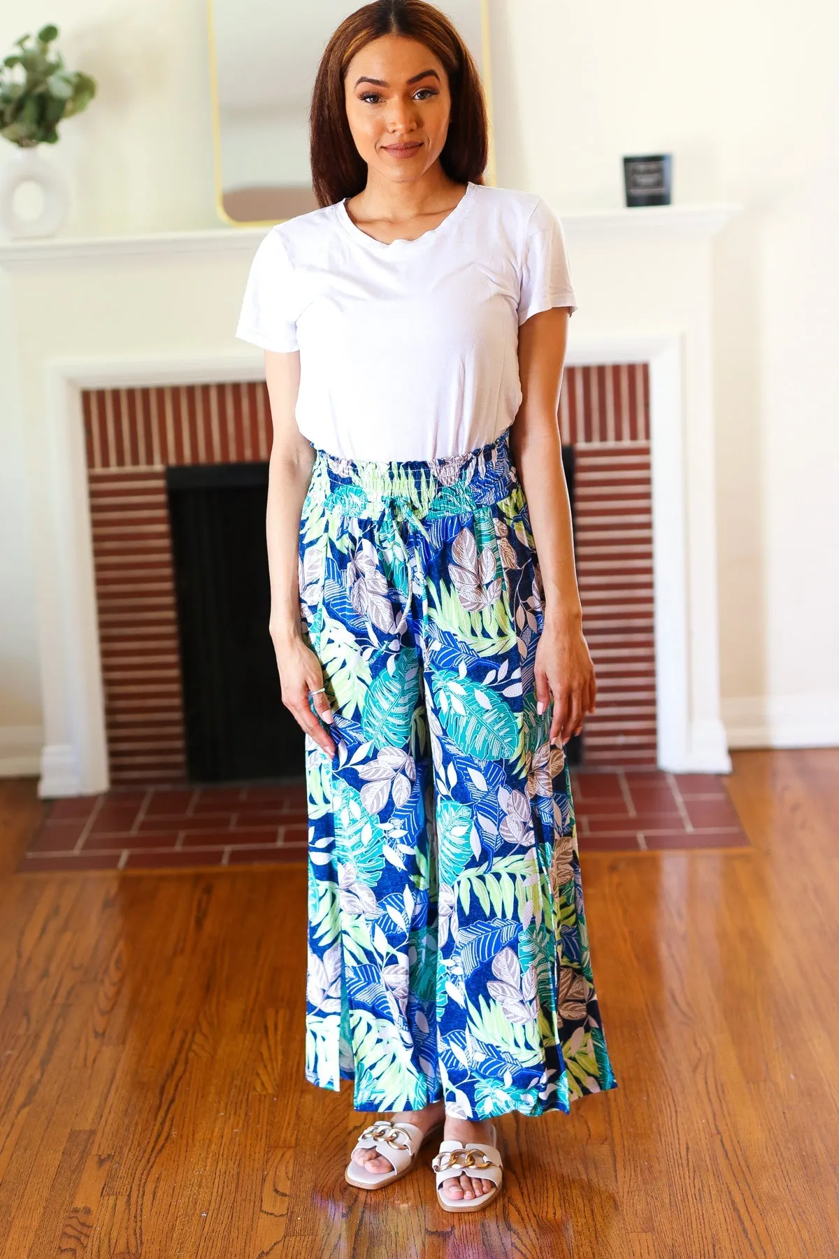 Tropical Boho Smocked Waist Side Slit Palazzo Pants sold by Charming Charlie product image thumbnail 3