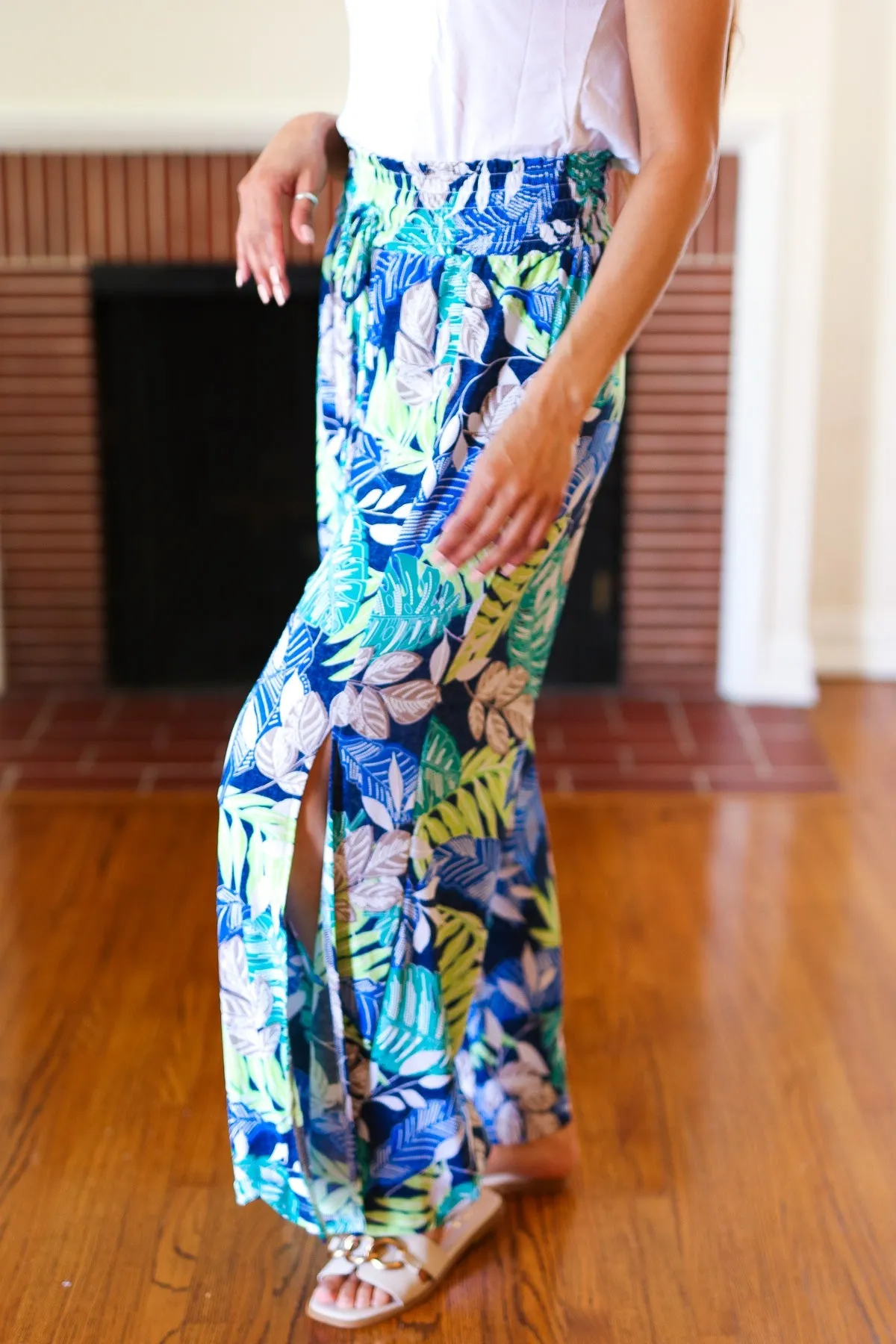 Tropical Boho Smocked Waist Side Slit Palazzo Pants sold by Charming Charlie product image thumbnail 5