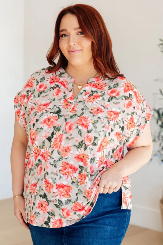 Lizzy Cap Sleeve Top in Coral and Beige Floral sold by Charming Charlie