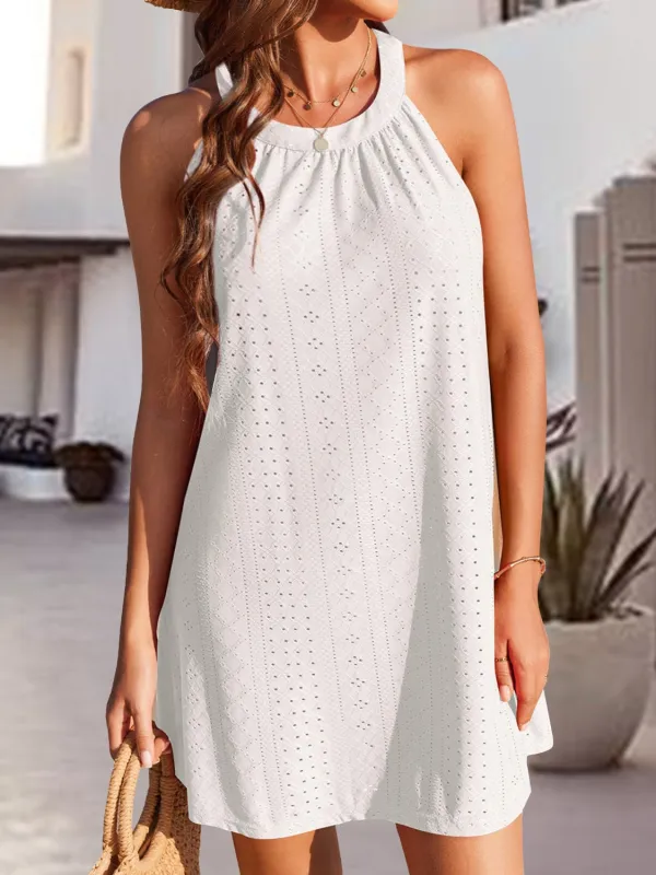 Eyelet Grecian Neck Mini Dress sold by Charming Charlie