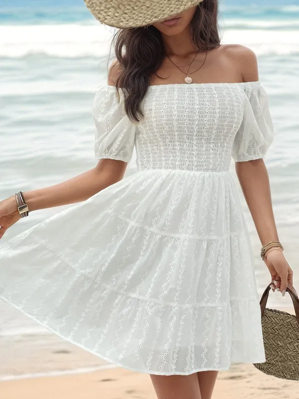 Smocked Eyelet Off-Shoulder Mini Dress sold by Charming Charlie