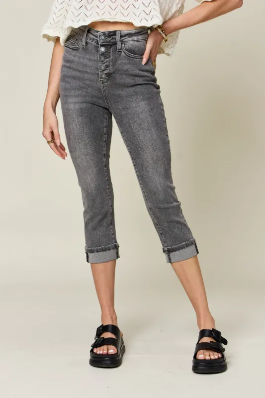 Judy Blue Full Size Button Fly High Waist Cuffed Capris sold by Charming Charlie