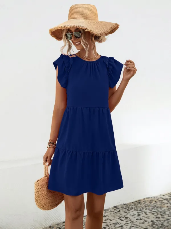 Ruffled Round Neck Cap Sleeve Mini Dress sold by Charming Charlie