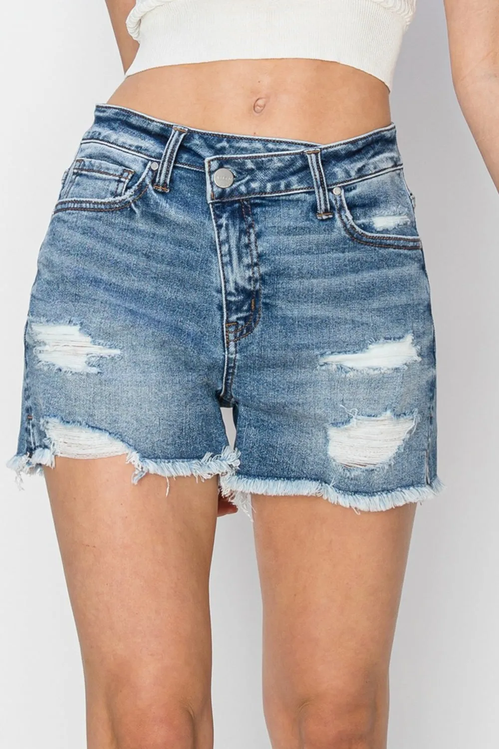RISEN Stepped Waist Frayed Denim Shorts sold by Charming Charlie