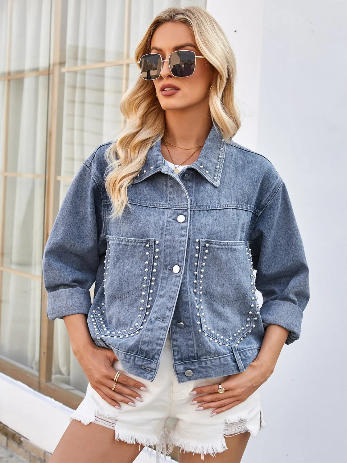 Studded Long Sleeve Denim Jacket sold by Charming Charlie product image thumbnail 2