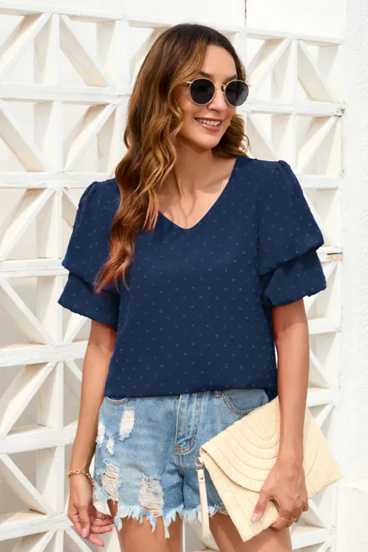 Swiss Dot V-Neck Short Sleeve Blouse sold by Charming Charlie