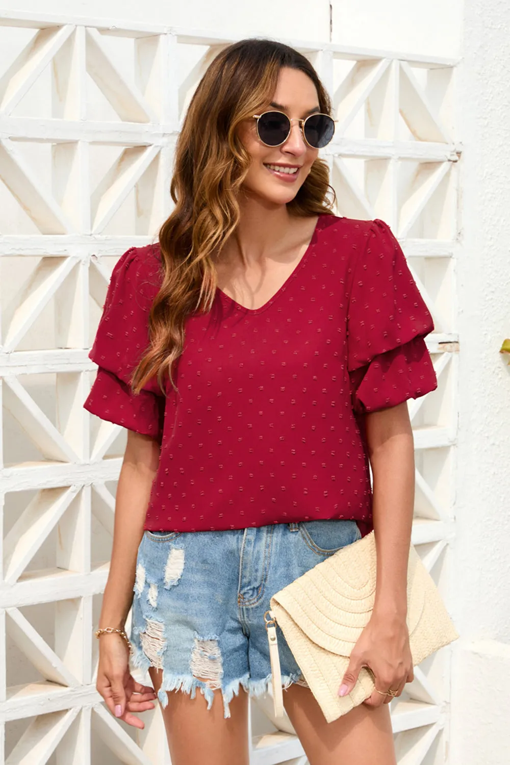Swiss Dot V-Neck Short Sleeve Blouse sold by Charming Charlie product image thumbnail 5