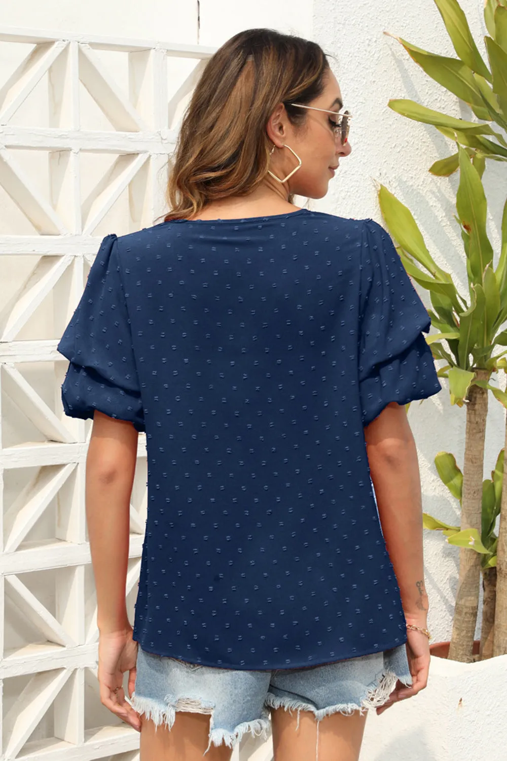 Swiss Dot V-Neck Short Sleeve Blouse sold by Charming Charlie product image thumbnail 2