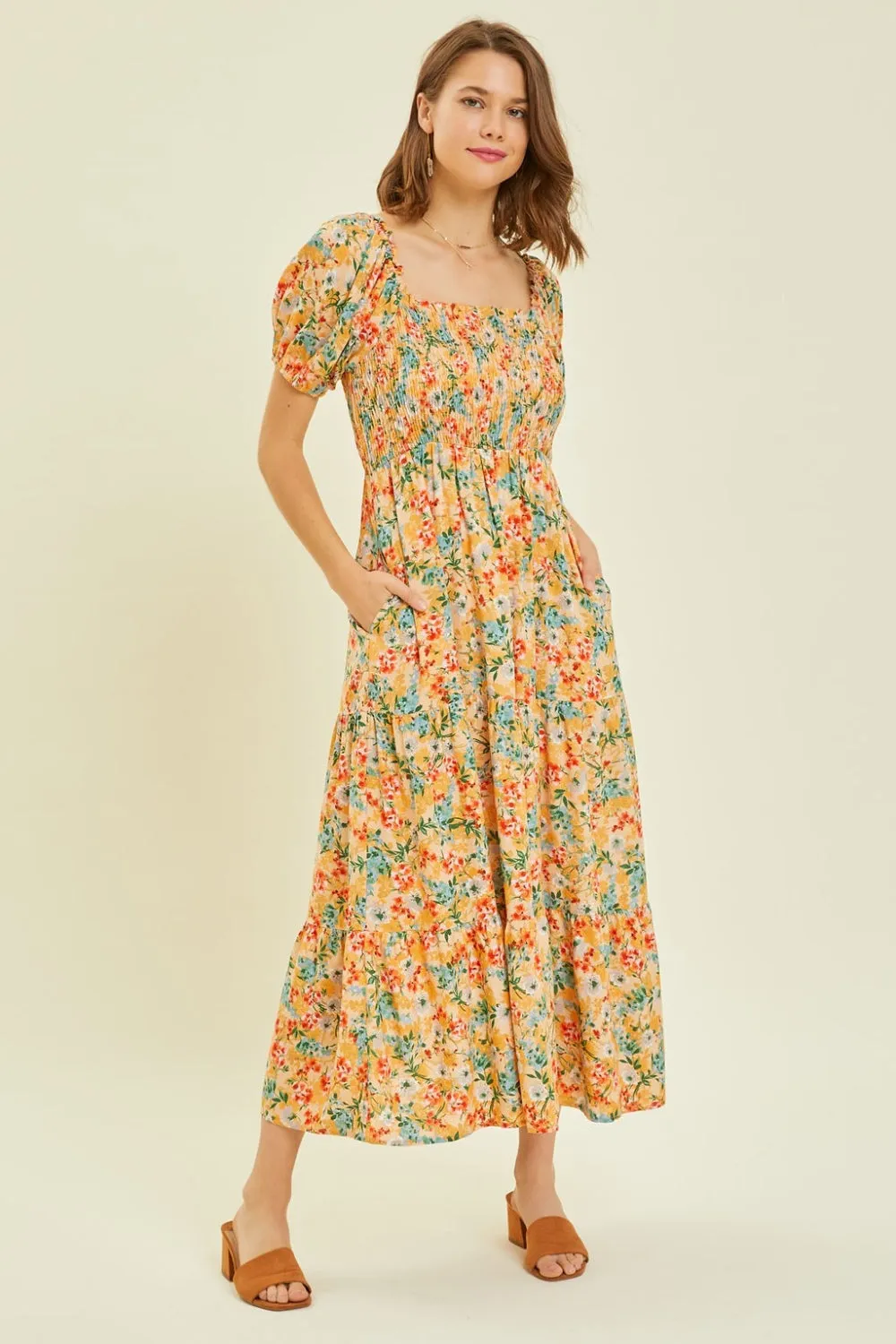 HEYSON Full Size Floral Smocked Tiered Midi Dress sold by Charming Charlie