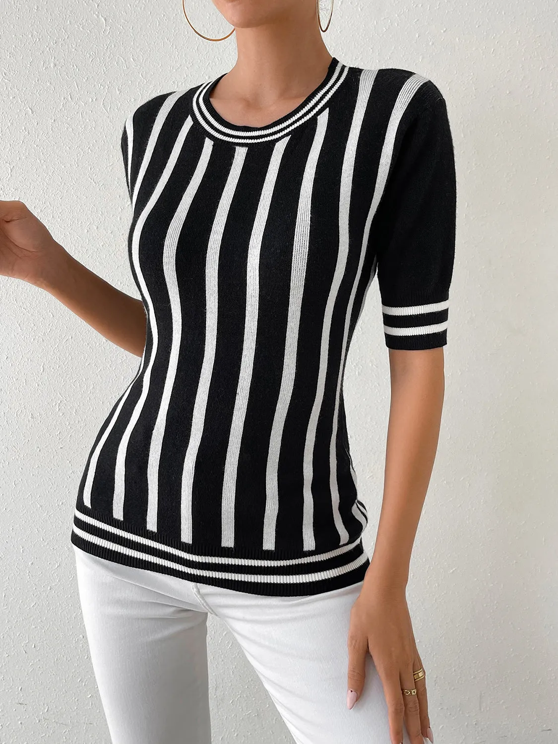 Striped Round Neck Half Sleeve Knit Top sold by Charming Charlie product image thumbnail 3
